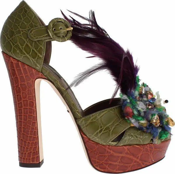 Dolce & Gabbana Green Leather Crystal Platform Sandal Shoes